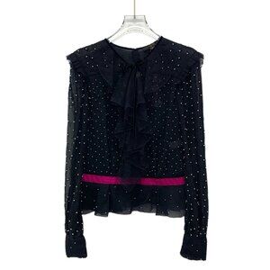 Louis Vuitton Black Silk Beaded Long-Sleeve Blouse With Bow Tie & Pink Accent Si